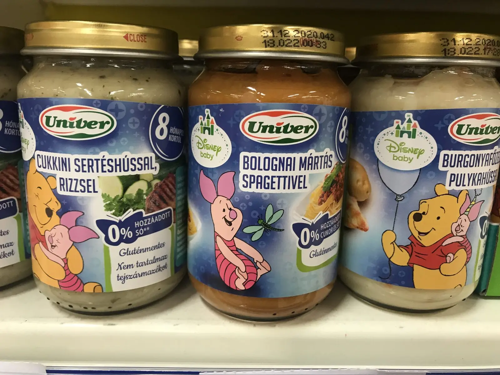 Három Univer bébiétel üveg Disney baby jelzéssel, Micimackó és Malacka figuráival