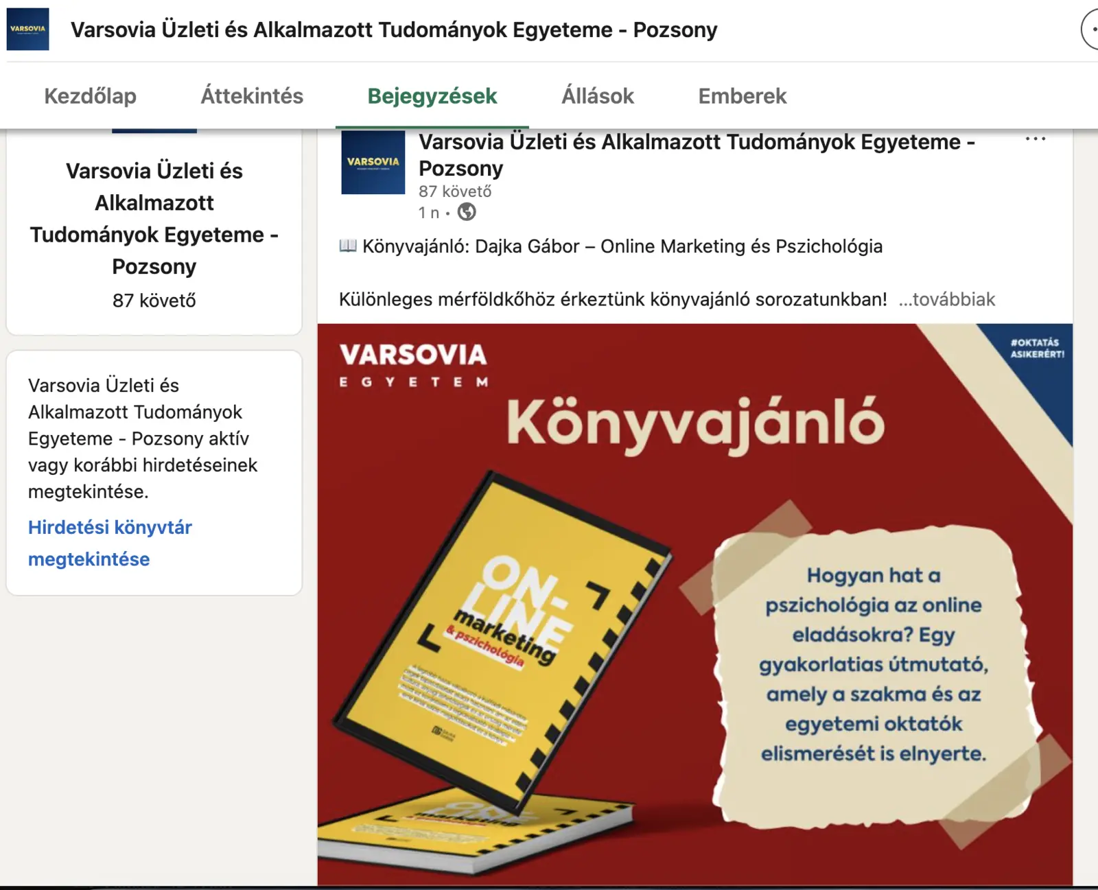A Varsovia egyetem Facebook-oldala Dajka Gábor könyvét ajánló bejegyzéssel